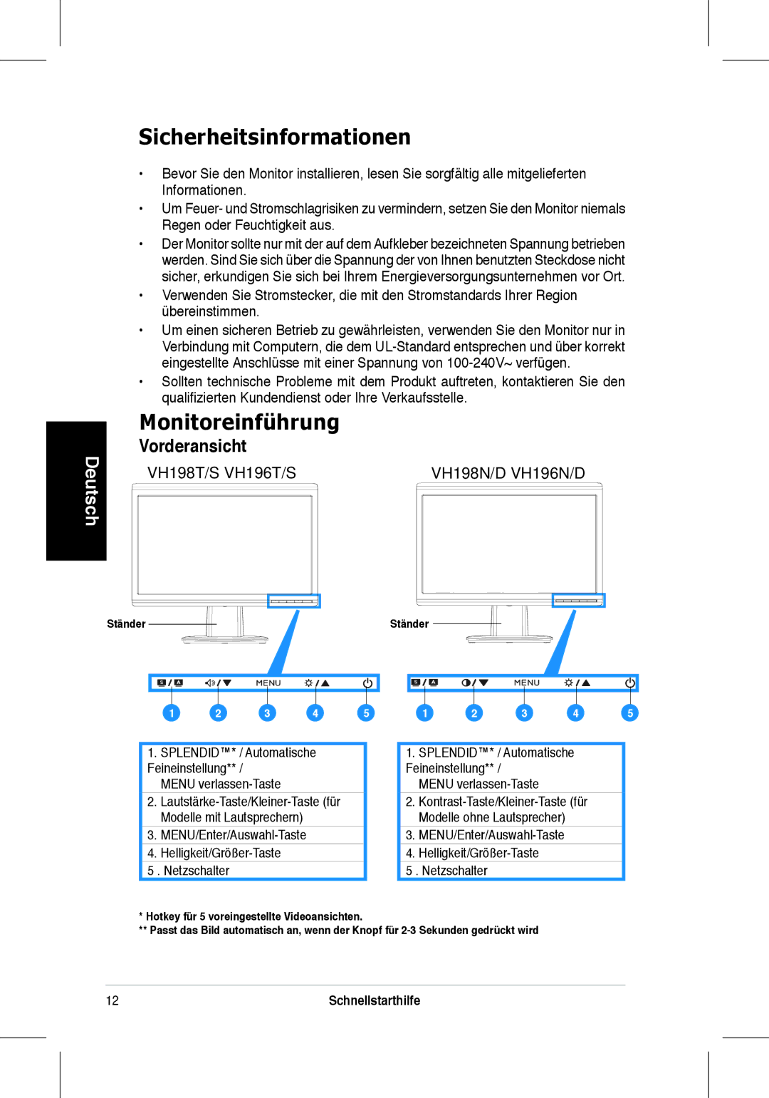 Asus VH198 Sicherheitsinformationen, Monitoreinführung, Vorderansicht, Ständer, SPLENDID* / Automatische Feineinstellung 