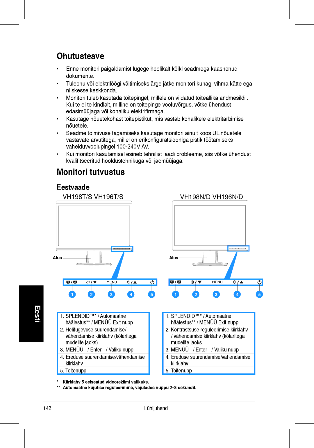 Asus VH198, VH196 quick start Ohutusteave, Monitori tutvustus, Eestvaade, Alus 