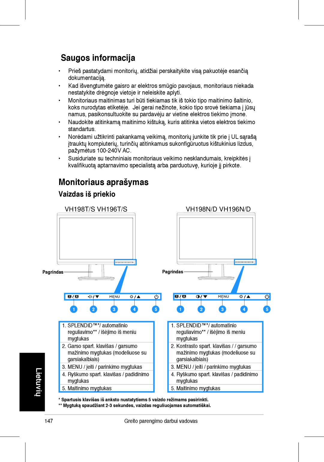 Asus VH196, VH198 quick start Saugos informacija, Monitoriaus aprašymas, Vaizdas iš priekio, Pagrindas 