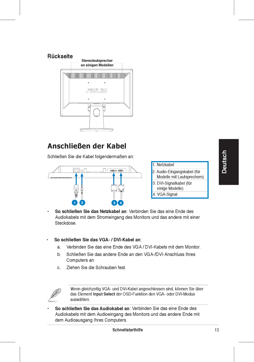 Asus VH196, VH198 quick start Anschließen der Kabel, Rückseite, Schließen Sie die Kabel folgendermaßen an, Steckdose 