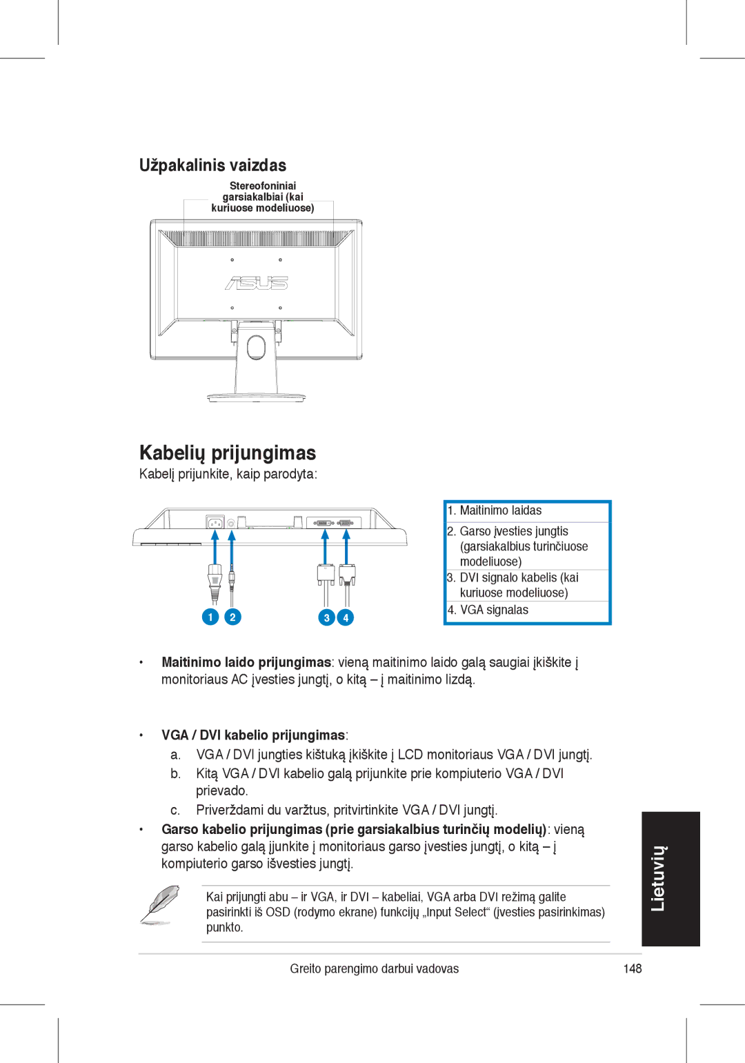 Asus VH198 Kabelių prijungimas, Užpakalinis vaizdas, Kabelį prijunkite, kaip parodyta, VGA / DVI kabelio prijungimas 