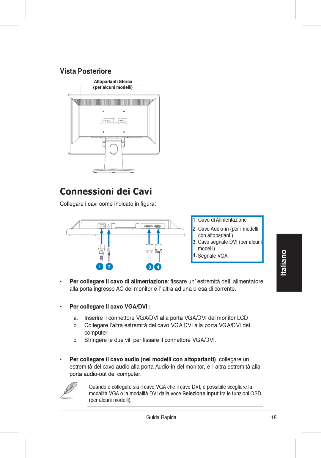 Asus VH198 Connessioni dei Cavi, Vista Posteriore, Collegare i cavi come indicato in figura, Per collegare il cavo VGA/DVI 