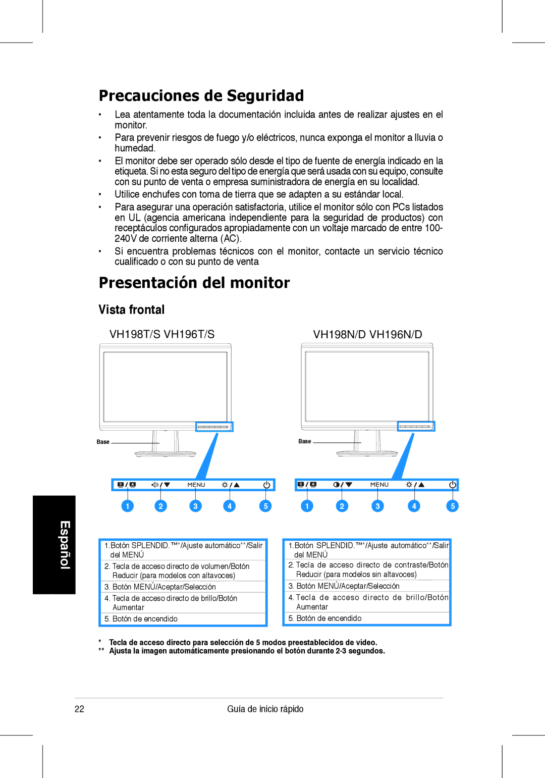 Asus VH198, VH196 quick start Precauciones de Seguridad, Presentación del monitor, Vista frontal, Guía de inicio rápido 