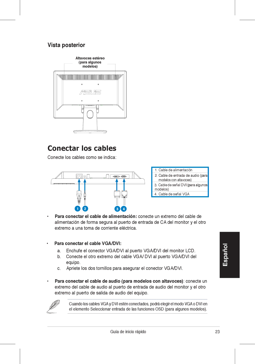 Asus VH196 Conectar los cables, Vista posterior, Conecte los cables como se indica, Altavoces estéreo Para algunos Modelos 