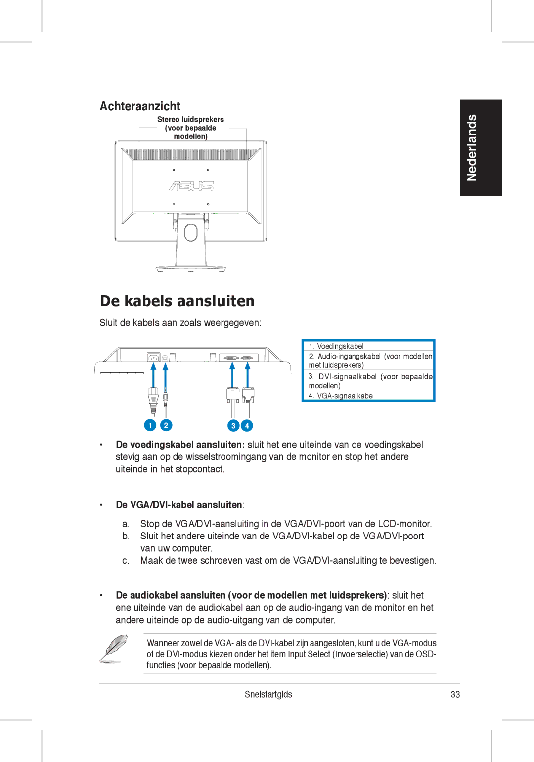 Asus VH196, VH198 De kabels aansluiten, Achteraanzicht, Sluit de kabels aan zoals weergegeven, De VGA/DVI-kabel aansluiten 