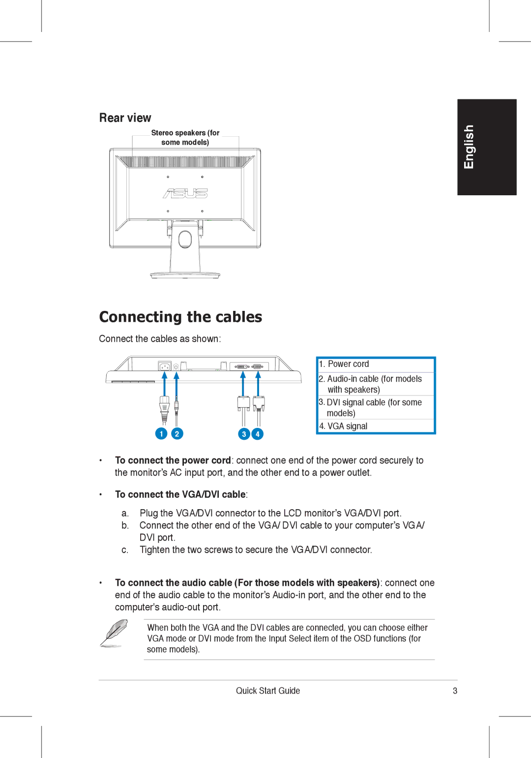 Asus VH196, VH198 quick start Connecting the cables, Rear view, Connect the cables as shown, To connect the VGA/DVI cable 