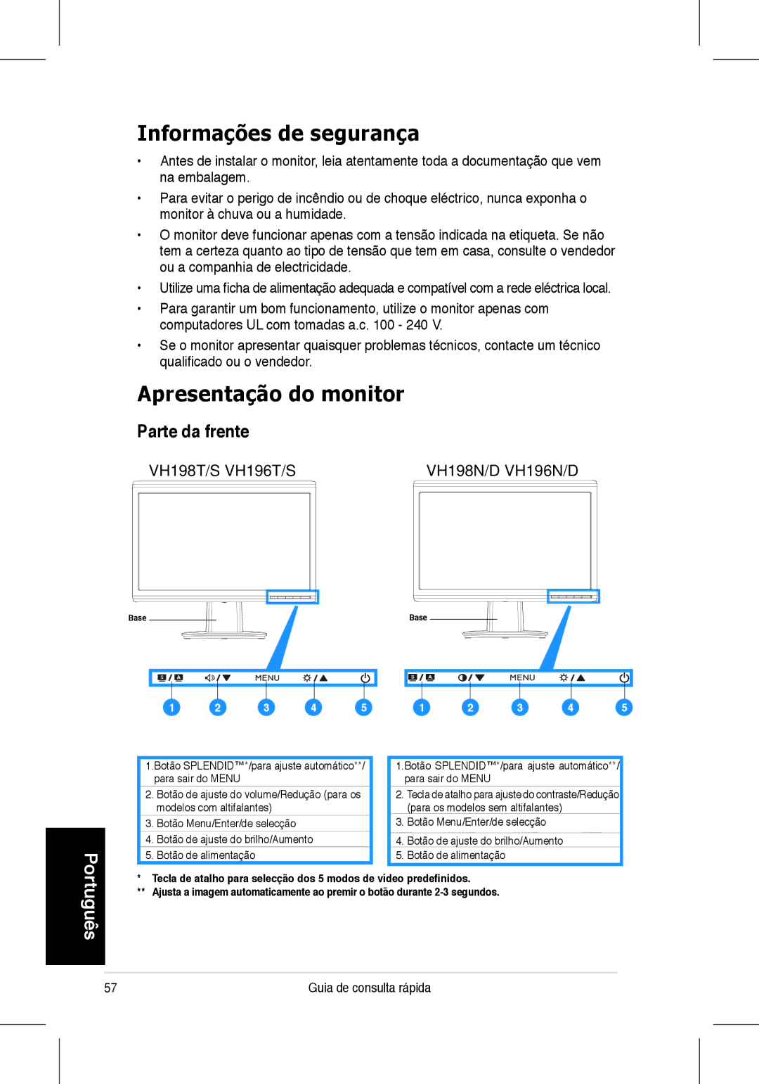 Asus VH196, VH198 quick start Informações de segurança, Apresentação do monitor, Parte da frente, Guia de consulta rápida 