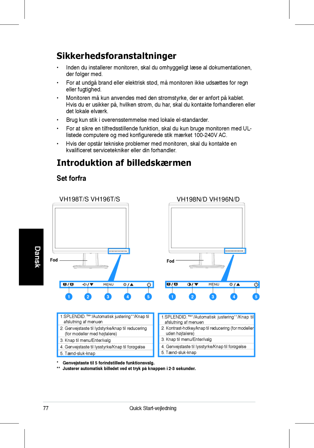 Asus VH196, VH198 Sikkerhedsforanstaltninger, Introduktion af billedskærmen, Set forfra, Fod, Quick Start-vejledning 