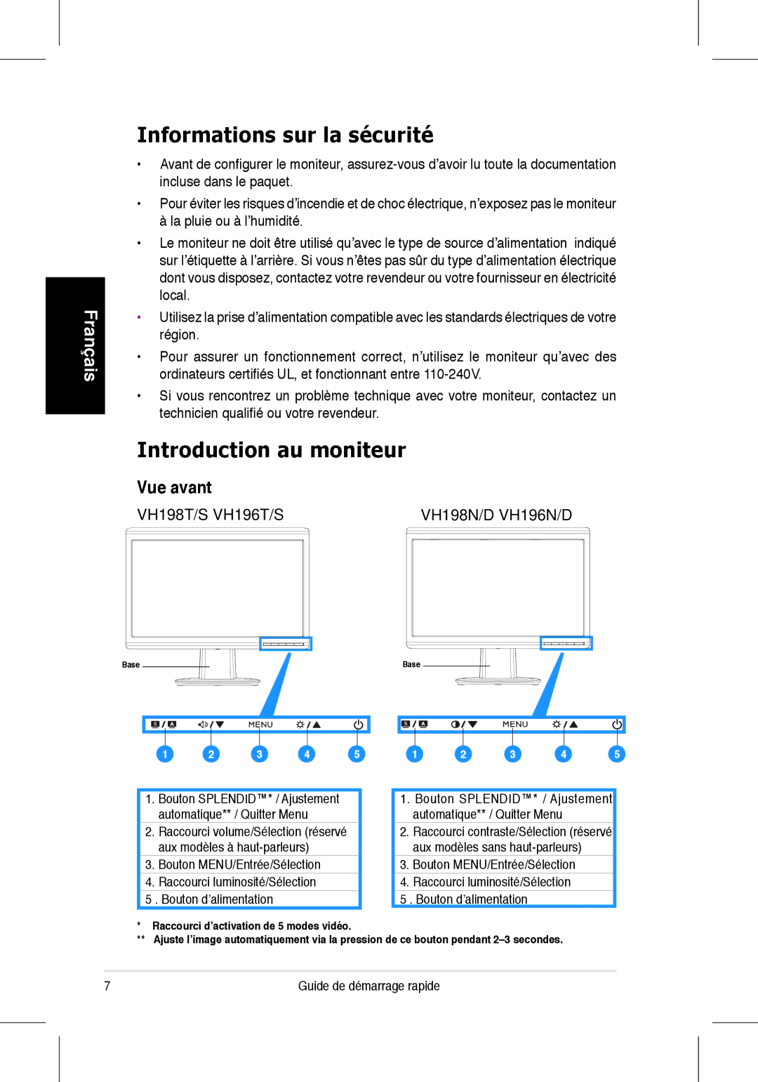 Asus VH196, VH198 quick start Informations sur la sécurité, Introduction au moniteur, Vue avant, Guide de démarrage rapide 