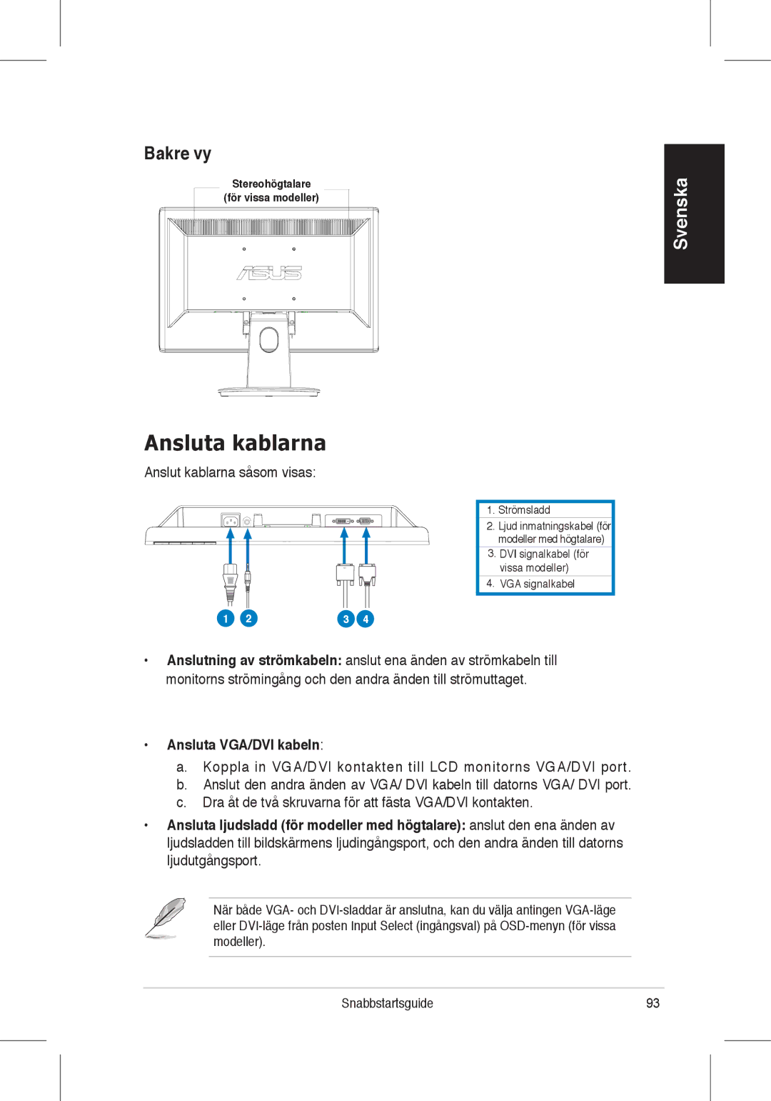 Asus VH196, VH198 quick start Ansluta kablarna, Bakre vy, Anslut kablarna såsom visas, Ansluta VGA/DVI kabeln 