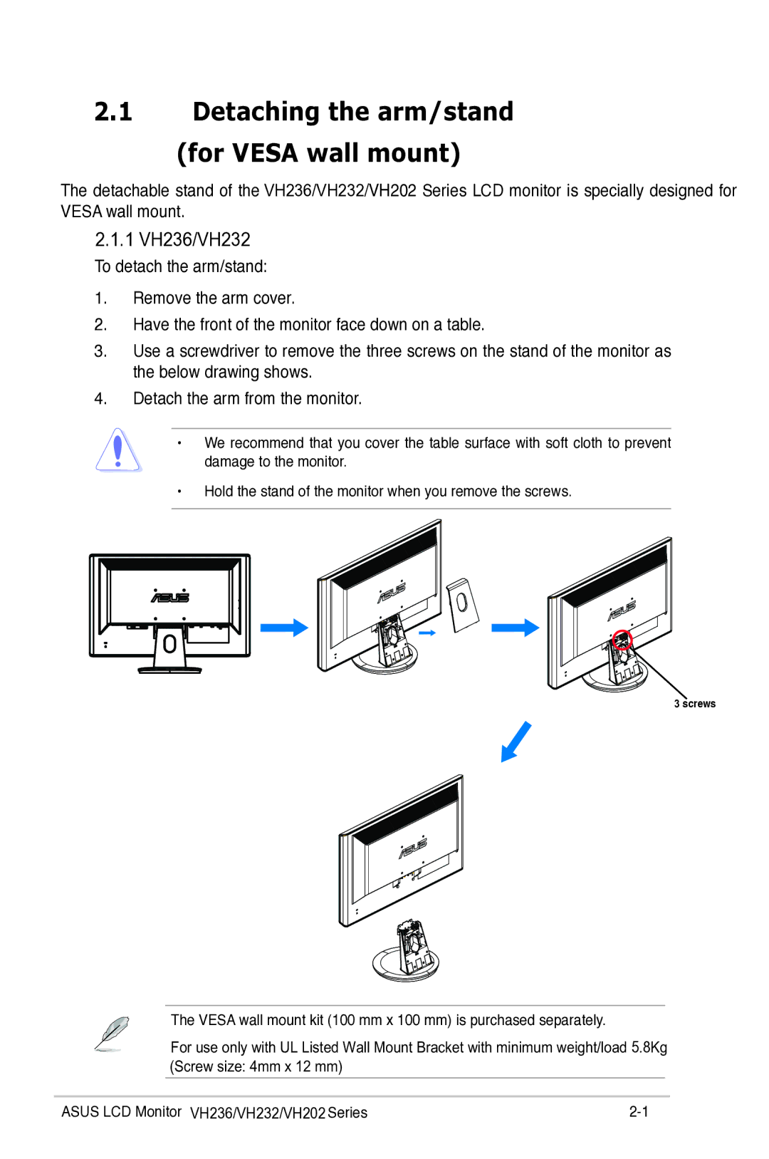 Asus VH202, VH236H manual Detaching the arm/stand for Vesa wall mount, 1 VH236/VH232 