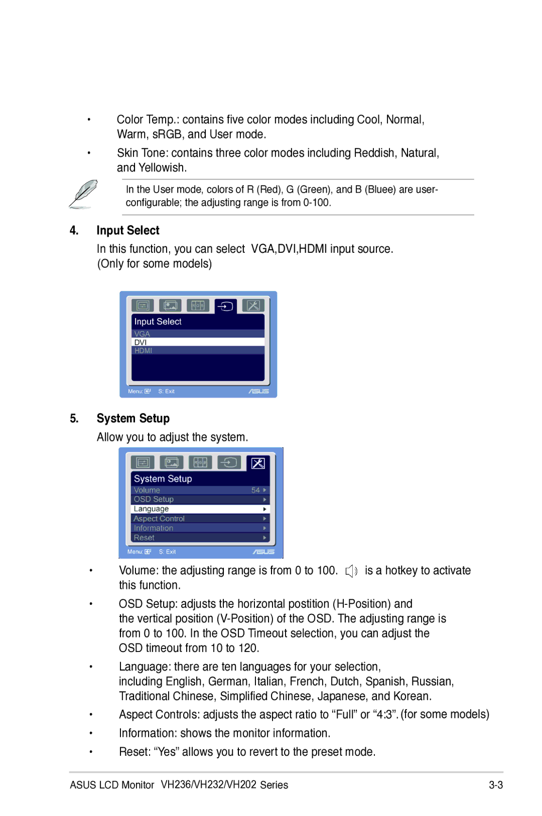 Asus VH202, VH232, VH236H manual Input Select, System Setup 