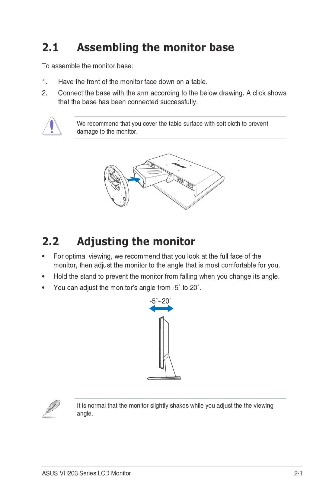 Asus VH203 manual Assembling the monitor base, Adjusting the monitor 