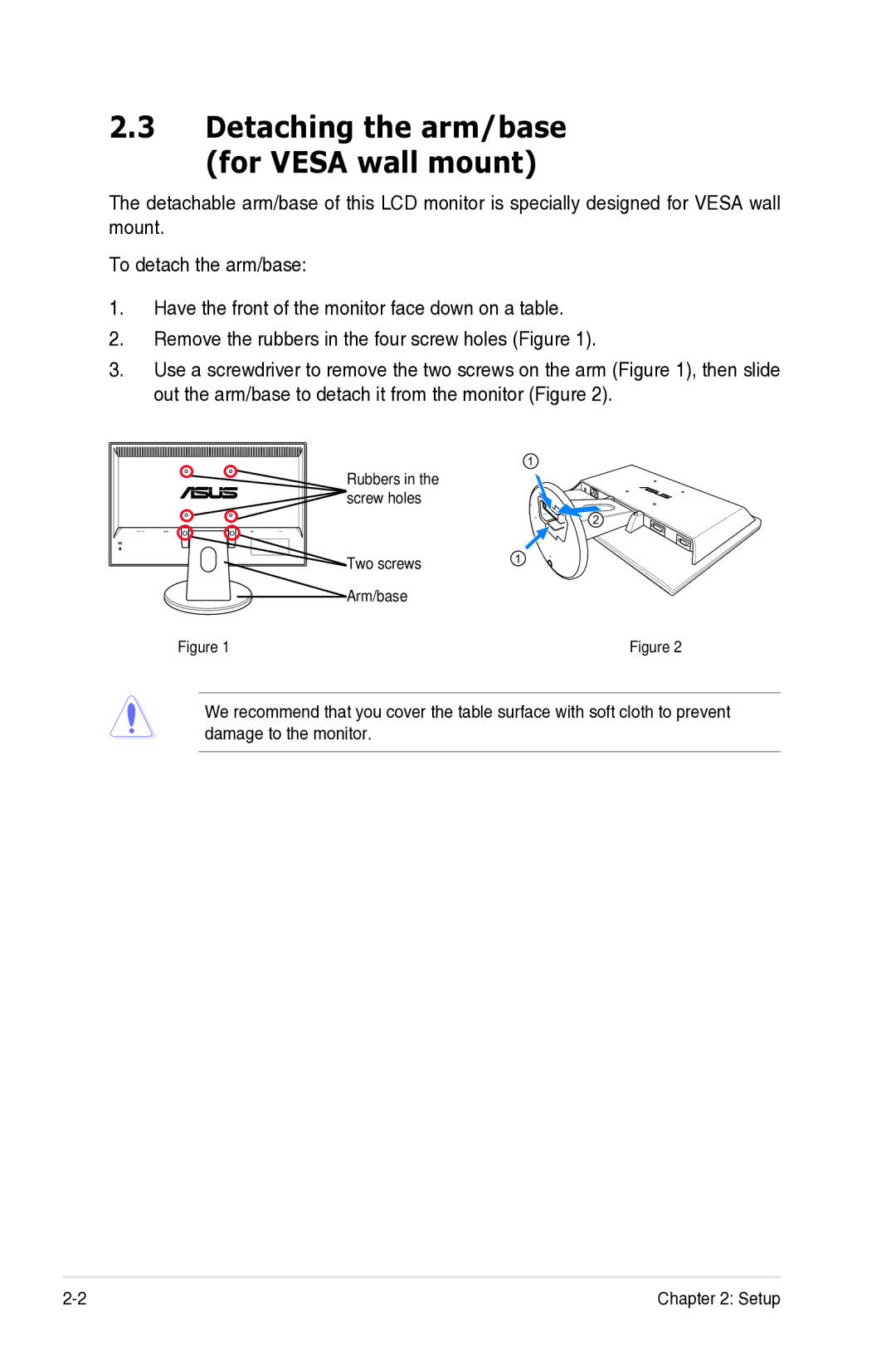 Asus VH203 manual Detaching the arm/base for Vesa wall mount 