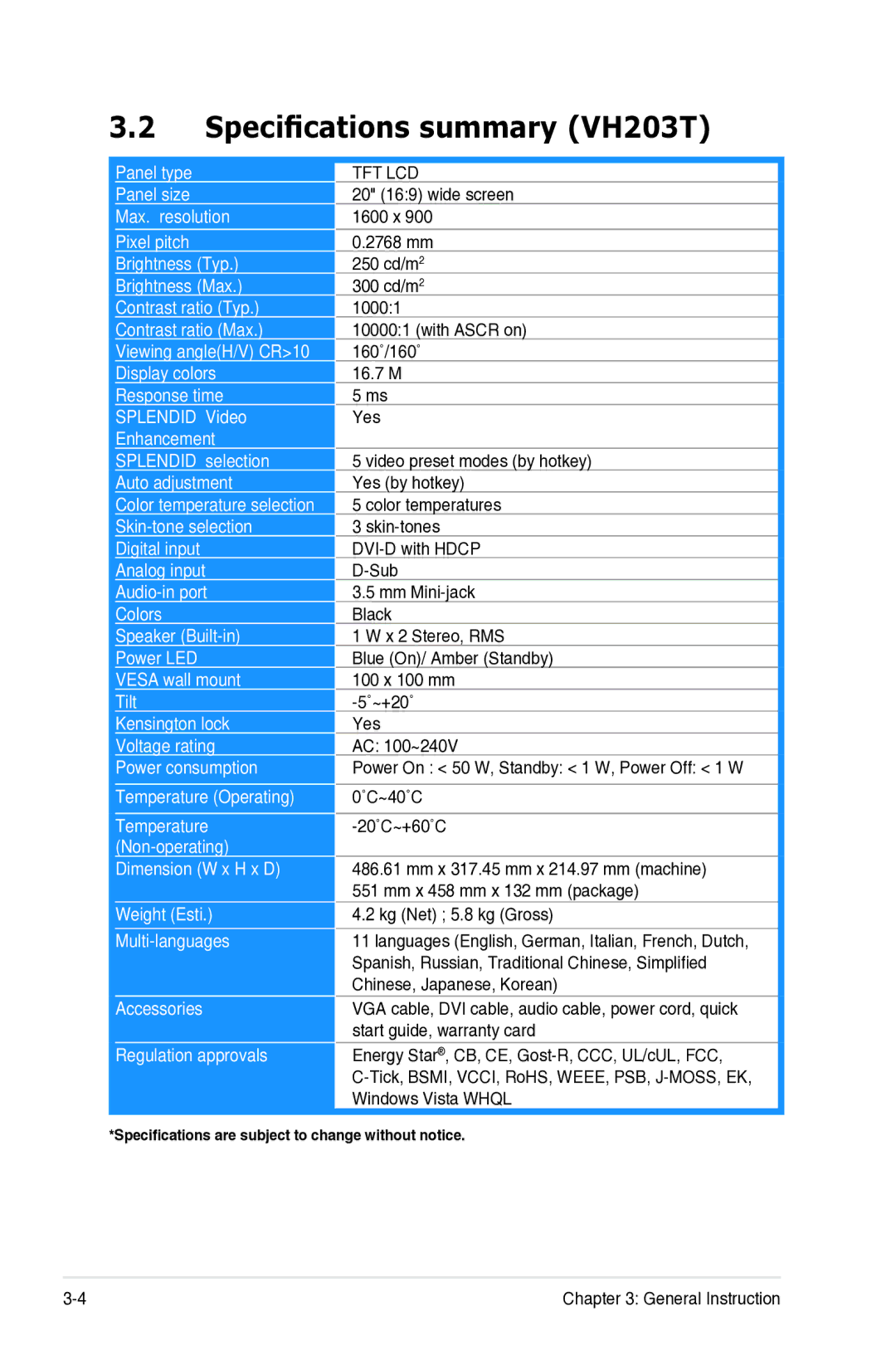 Asus manual Specifications summary VH203T, Tft Lcd 