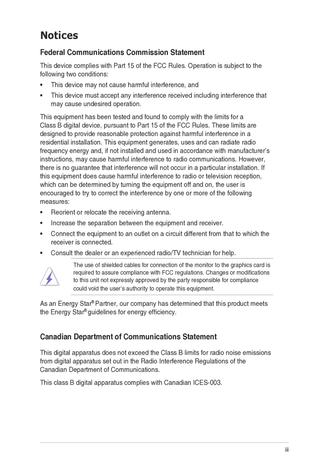 Asus VH203 manual Federal Communications Commission Statement, Canadian Department of Communications Statement 