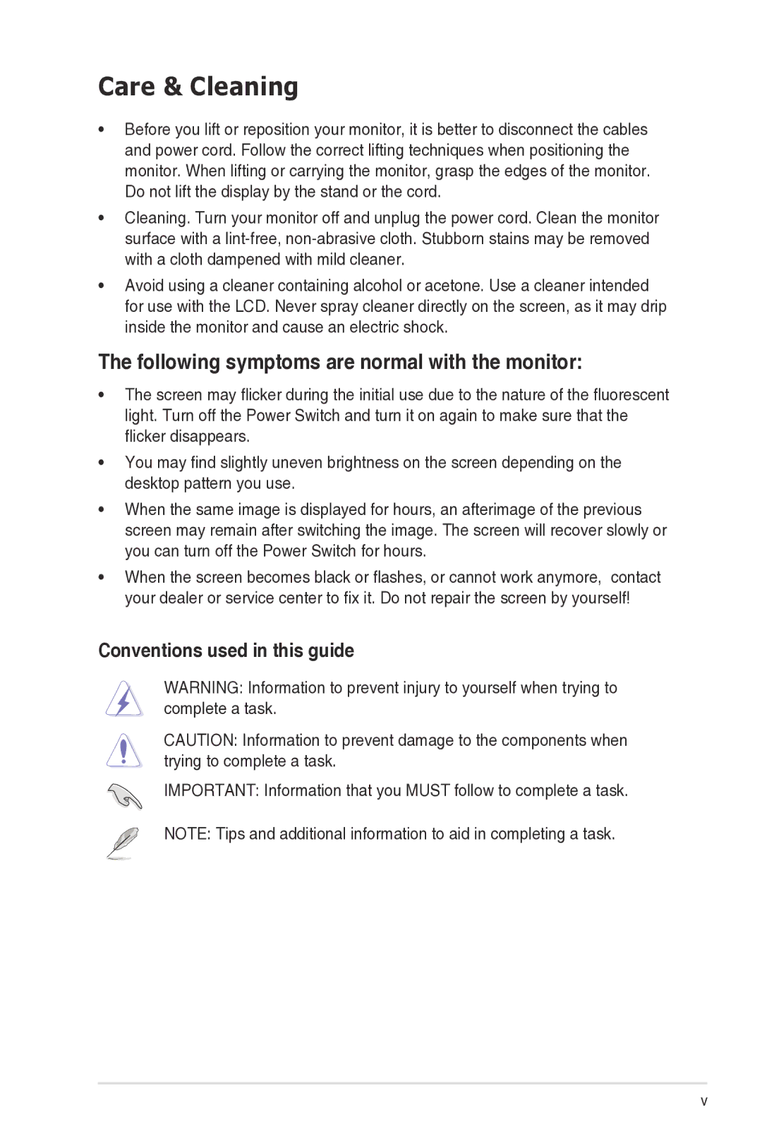 Asus VH203 manual Care & Cleaning, Following symptoms are normal with the monitor, Conventions used in this guide 