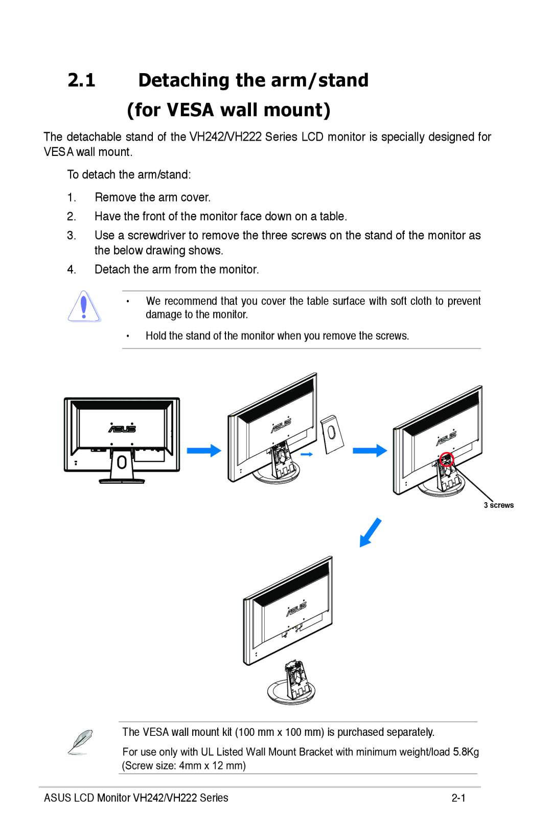 Asus VH222, VH242 manual Detaching the arm/stand for Vesa wall mount 