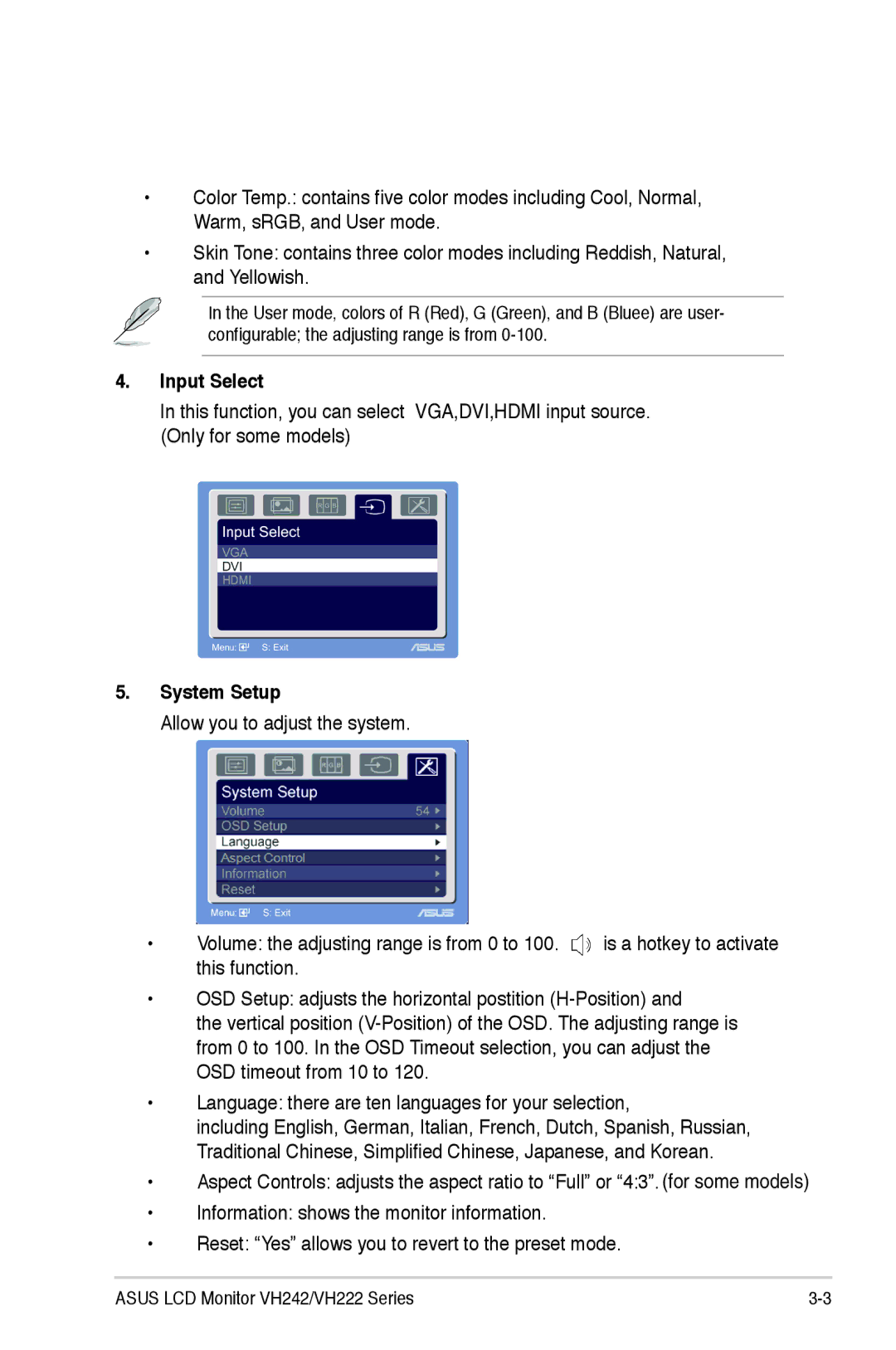 Asus VH222, VH242 manual Input Select, System Setup 