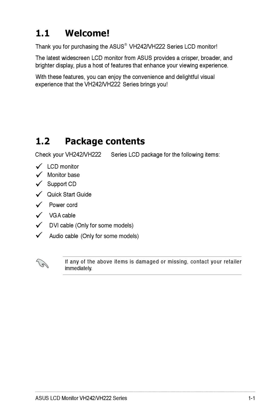 Asus VH242, VH222 manual Welcome, Package contents 