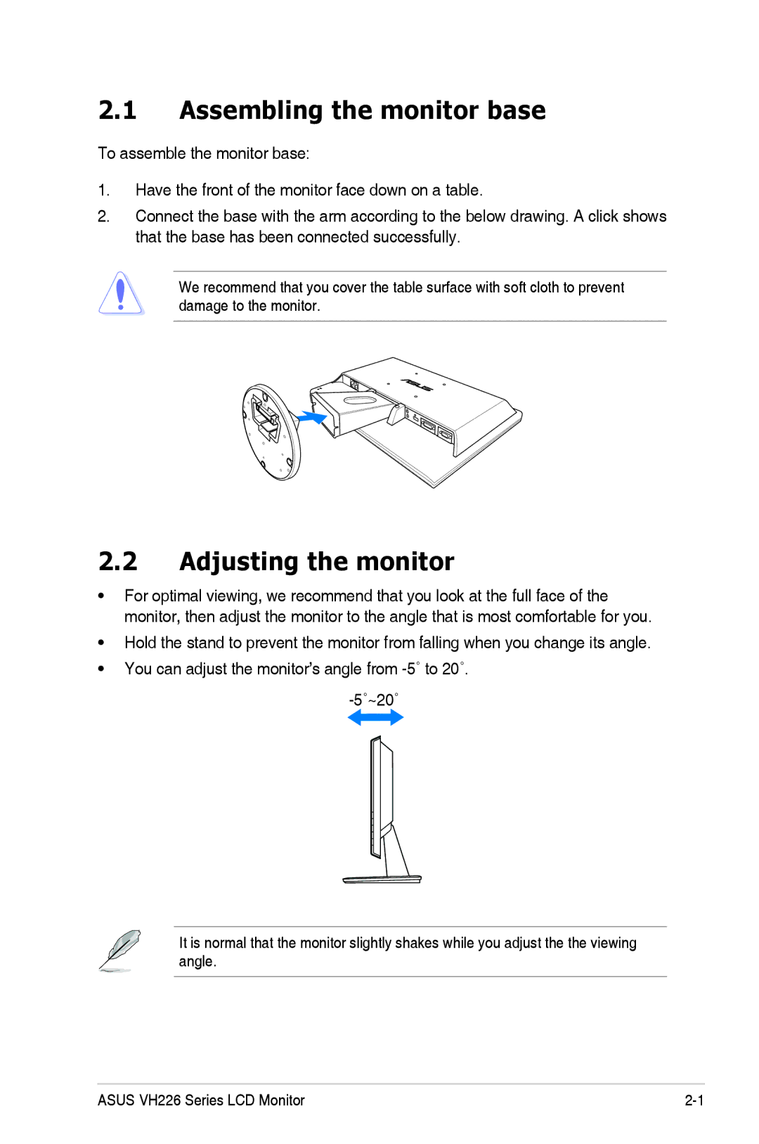 Asus VH226 manual Assembling the monitor base, Adjusting the monitor 