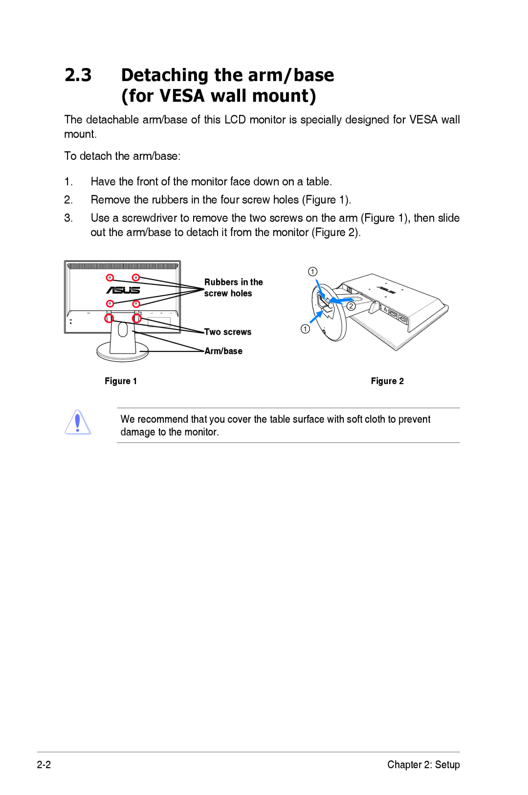 Asus VH226 manual Detaching the arm/base for Vesa wall mount 