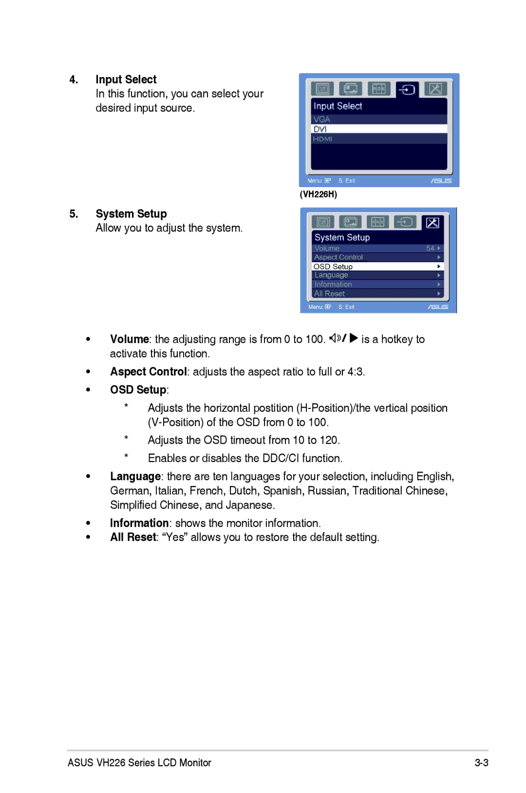 Asus VH226 manual Input Select, System Setup, OSD Setup 