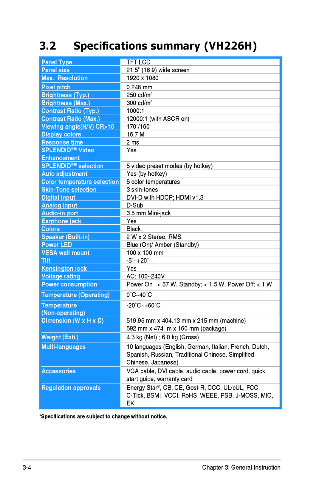 Asus manual Specifications summary VH226H, Tft Lcd 