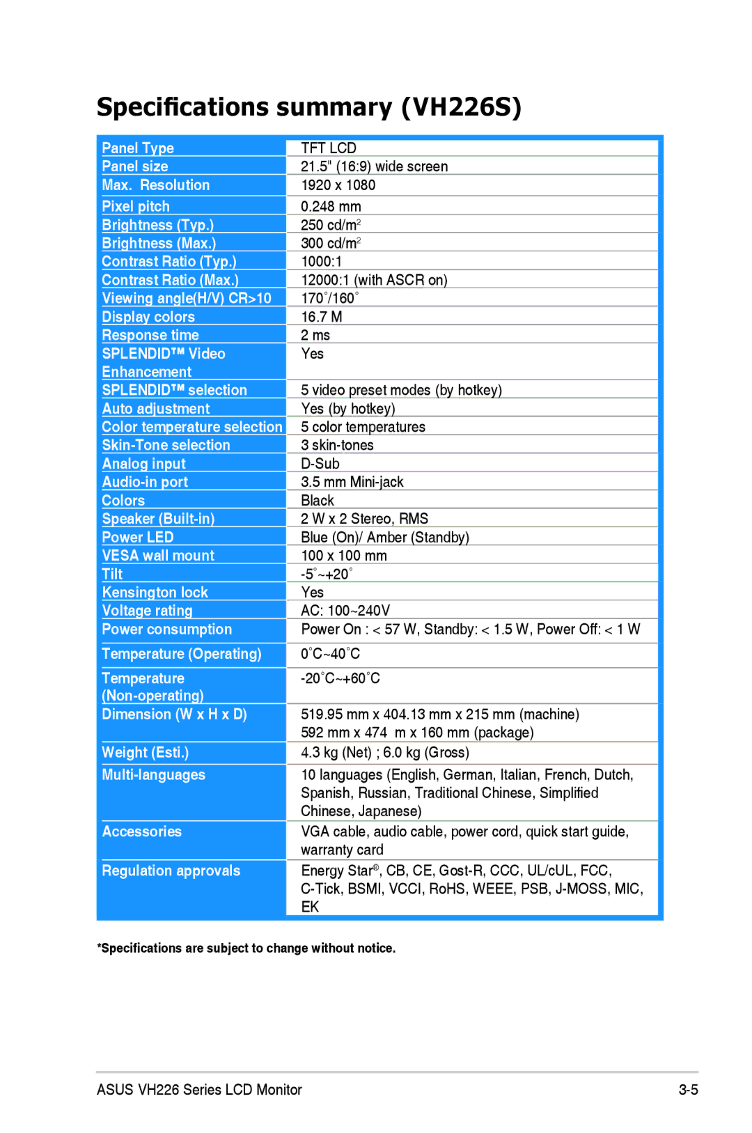 Asus manual Specifications summary VH226S 