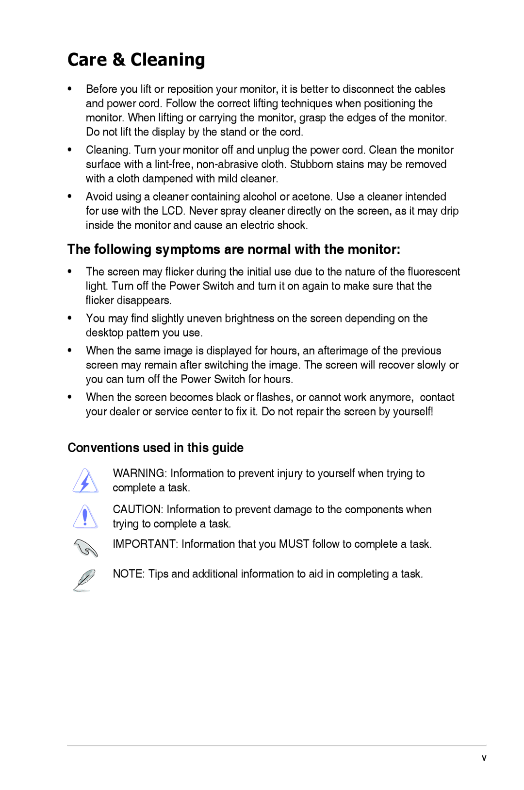 Asus VH226 manual Care & Cleaning, Following symptoms are normal with the monitor, Conventions used in this guide 