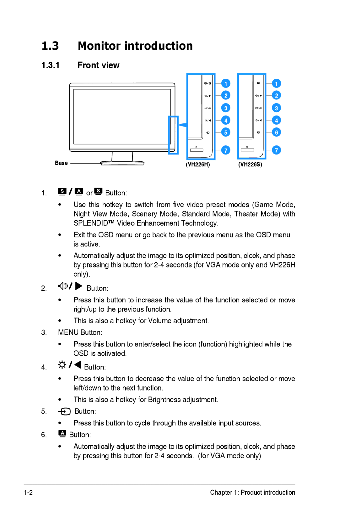 Asus VH226 manual Monitor introduction, Front view 