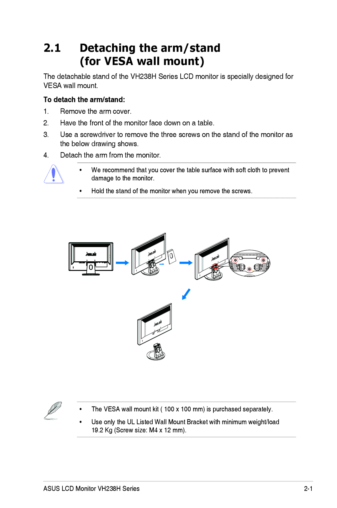 Asus VH238H manual Detaching the arm/stand for Vesa wall mount, To detach the arm/stand 