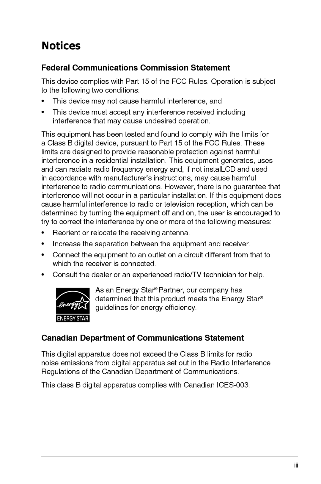 Asus VH238H manual Federal Communications Commission Statement, Canadian Department of Communications Statement 