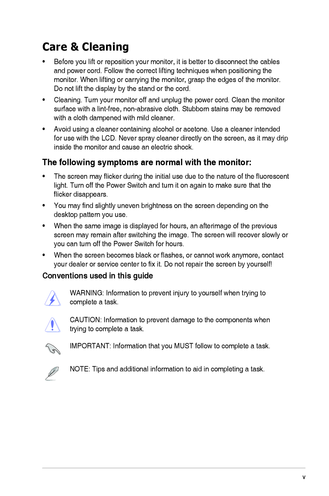 Asus VH238H manual Care & Cleaning, Following symptoms are normal with the monitor, Conventions used in this guide 