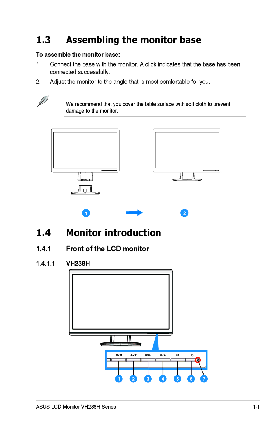 Asus manual Assembling the monitor base, Monitor introduction, Front of the LCD monitor, 1.1 VH238H 