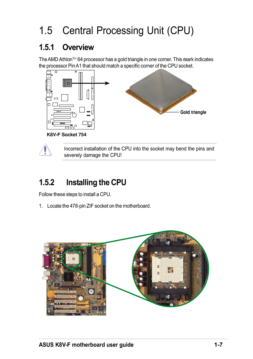 Asus K8V-F, VIA VT8237, VIA K8T800 manual Central Processing Unit CPU, Installing the CPU 