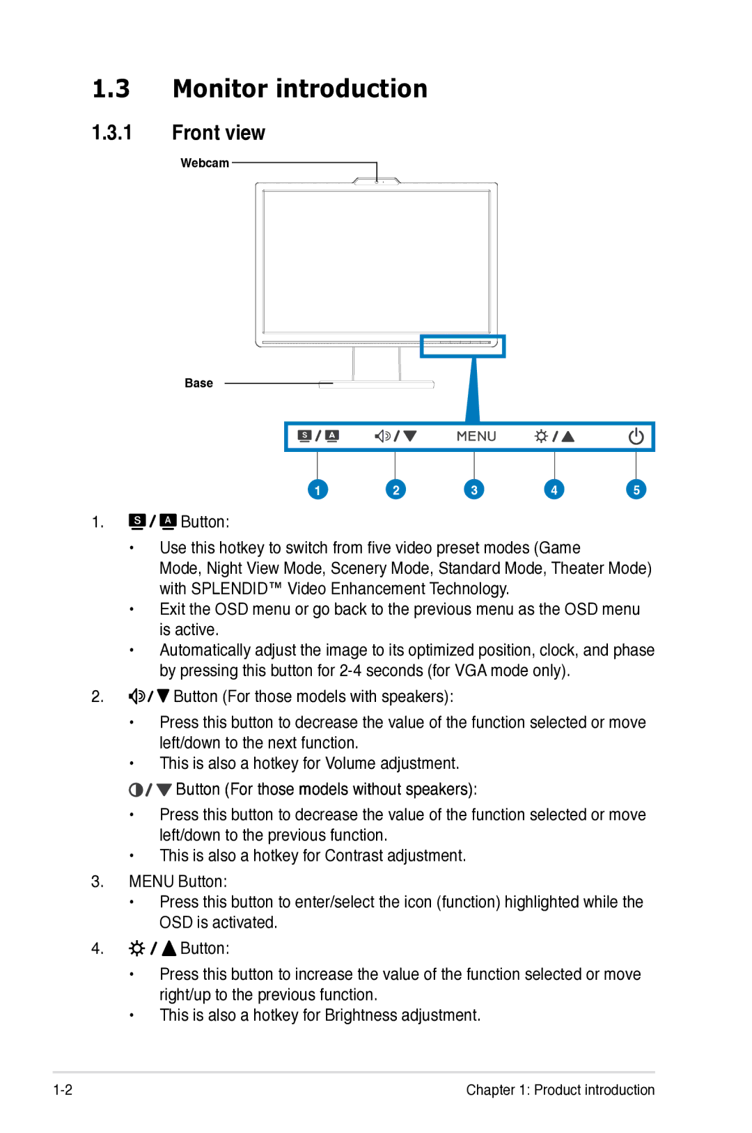 Asus VK191 manual Monitor introduction, Button For those models without speakers 