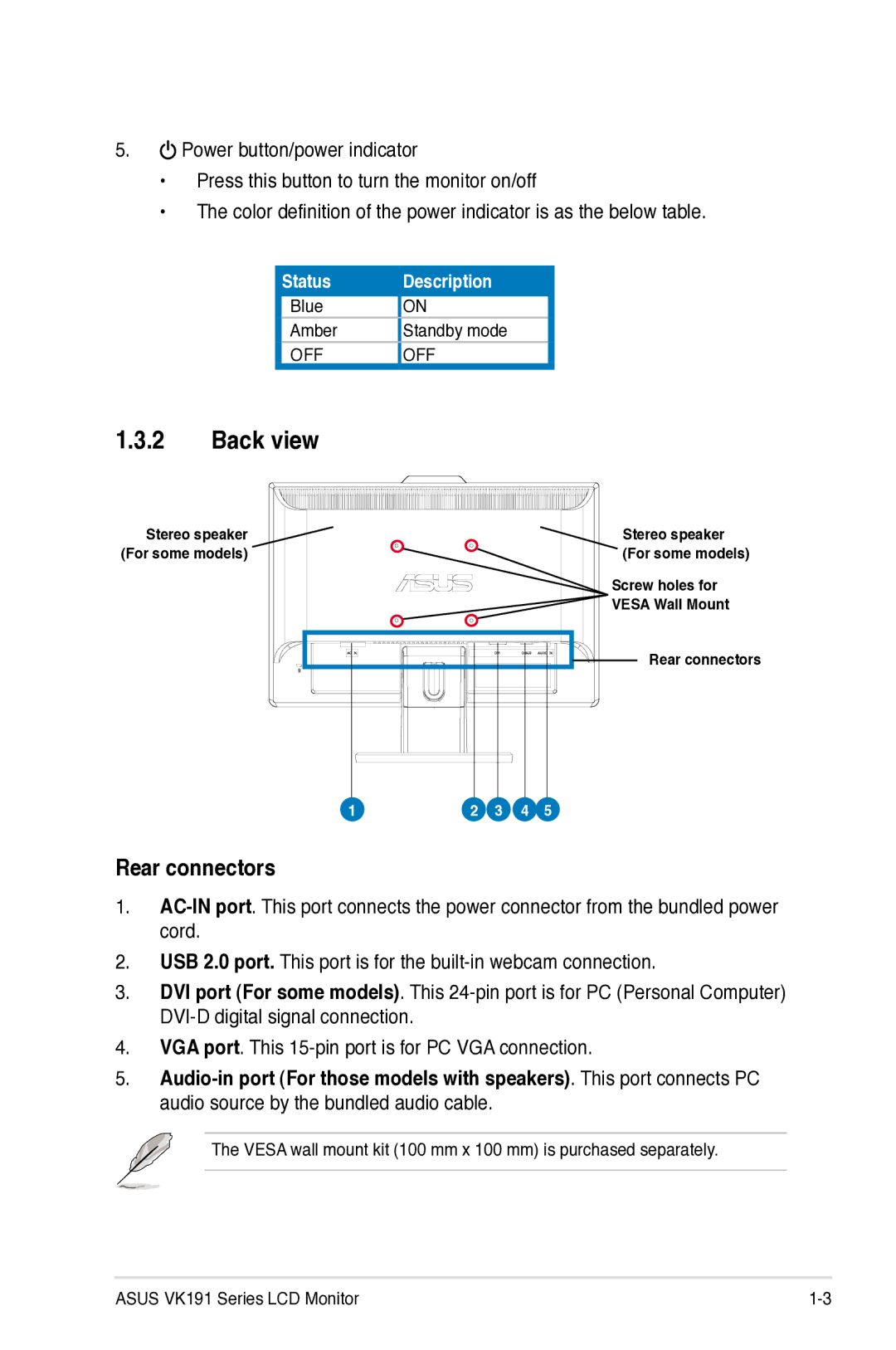 Asus VK191 manual Back view, Rear connectors 