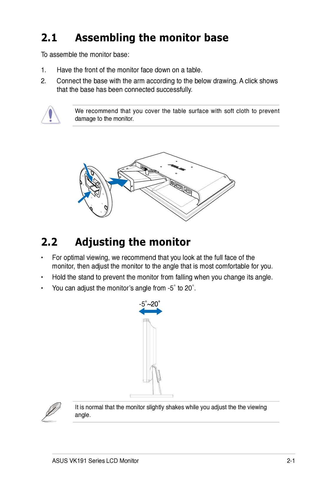 Asus VK191 manual Assembling the monitor base, Adjusting the monitor 