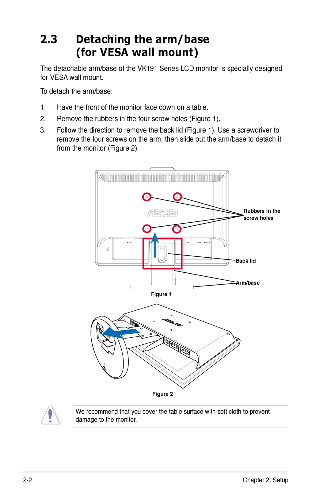 Asus VK191 manual Detaching the arm/base for Vesa wall mount 