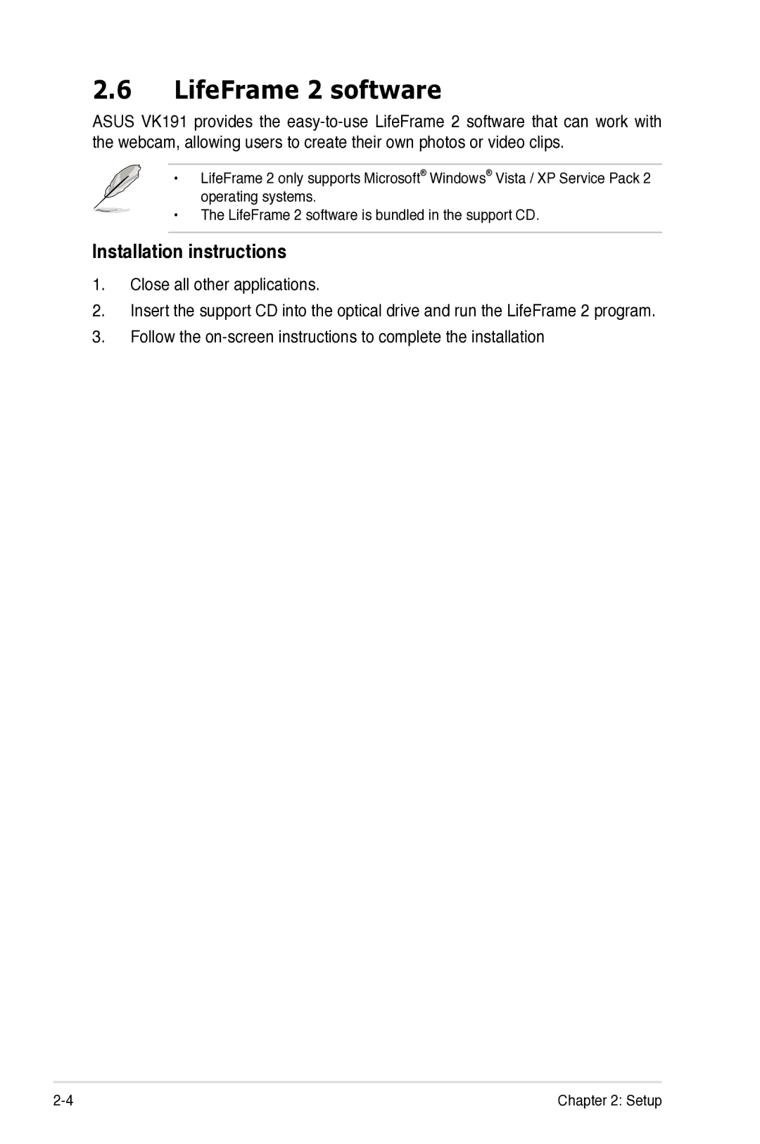 Asus VK191 manual LifeFrame 2 software, Installation instructions 