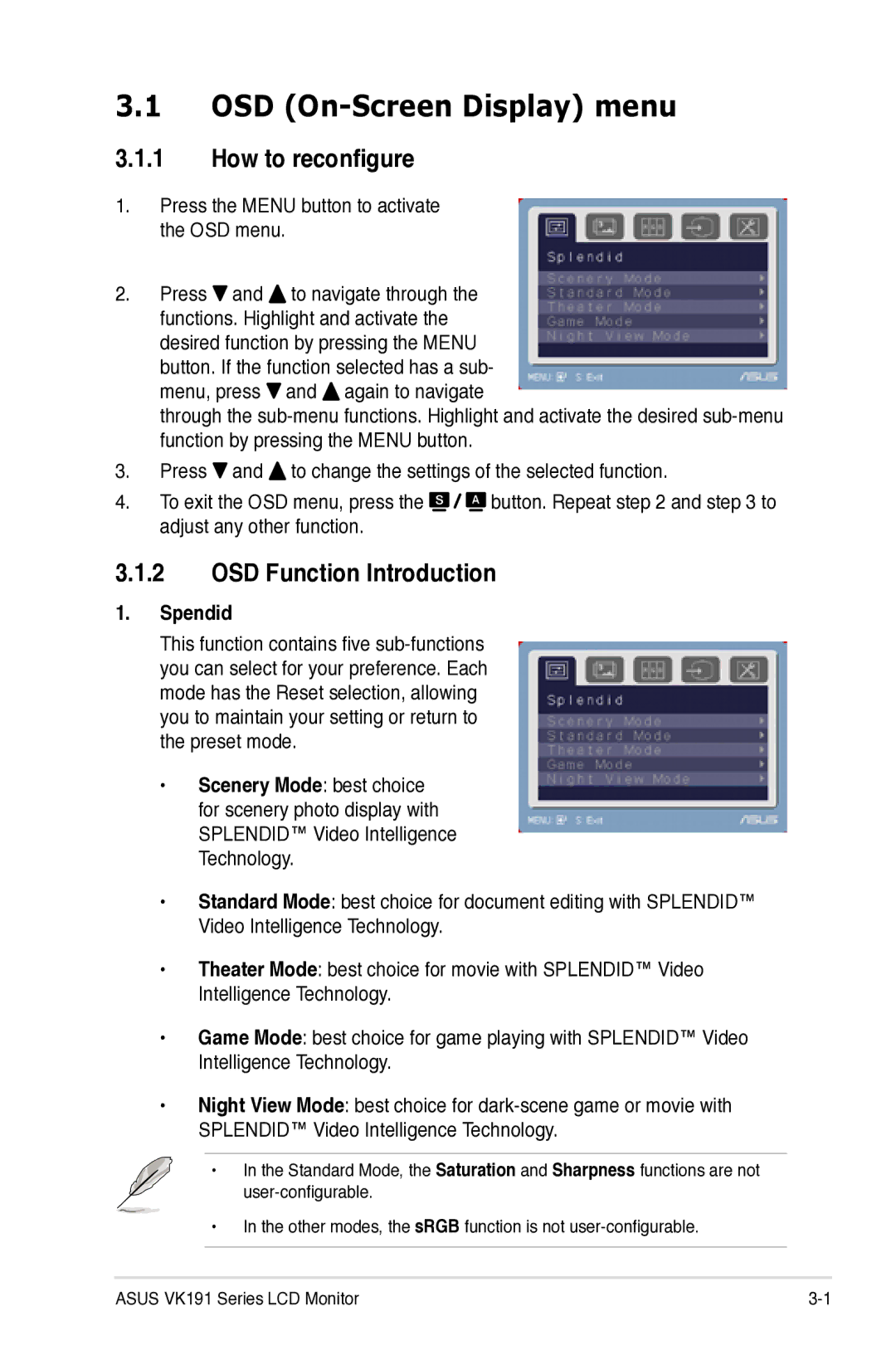 Asus VK191 manual OSD On-Screen Display menu, Spendid 