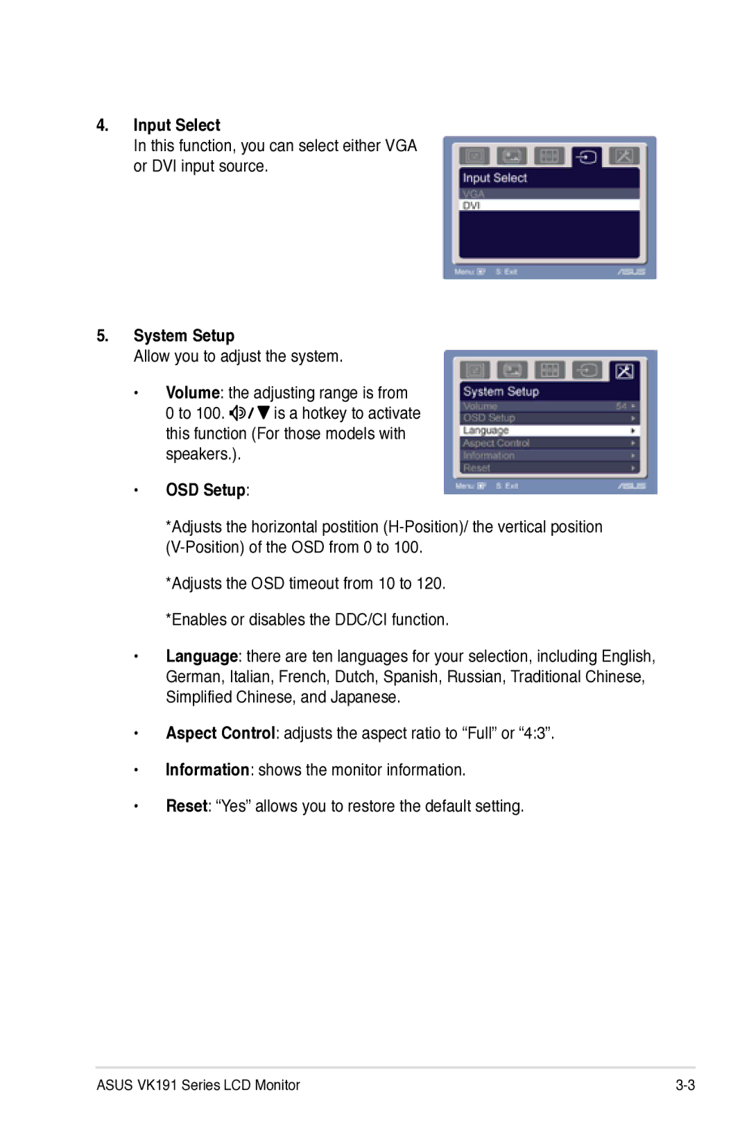 Asus VK191 manual Input Select, System Setup, OSD Setup 