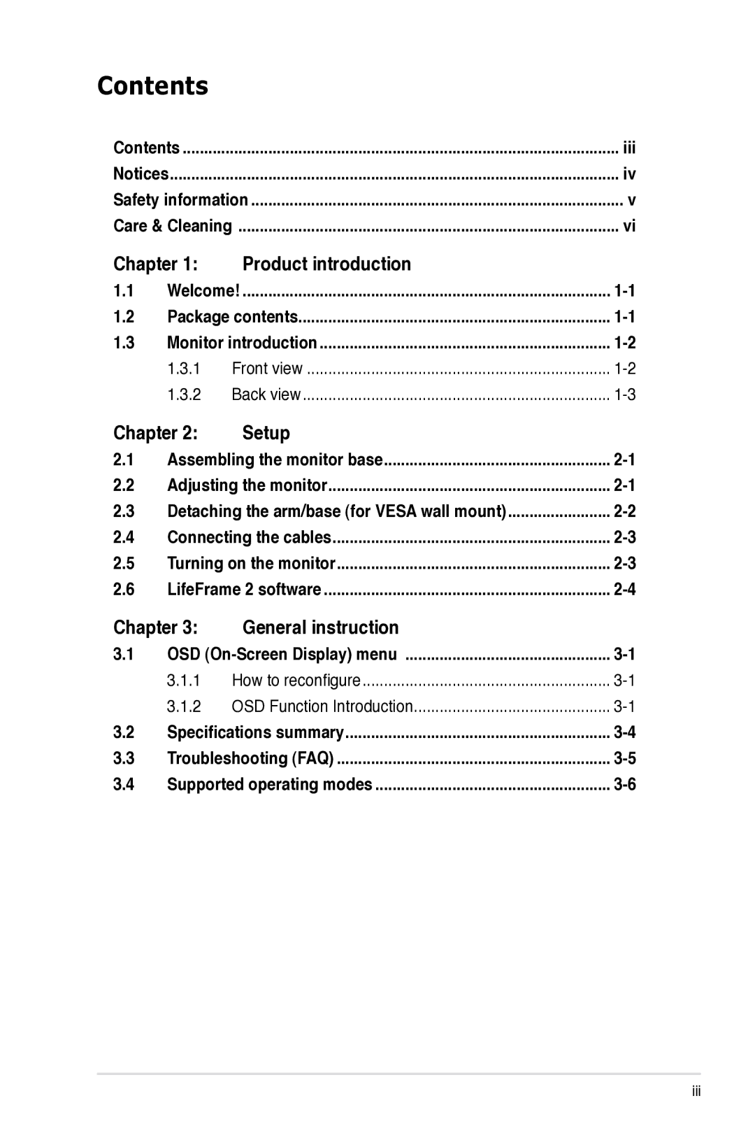 Asus VK191 manual Contents 