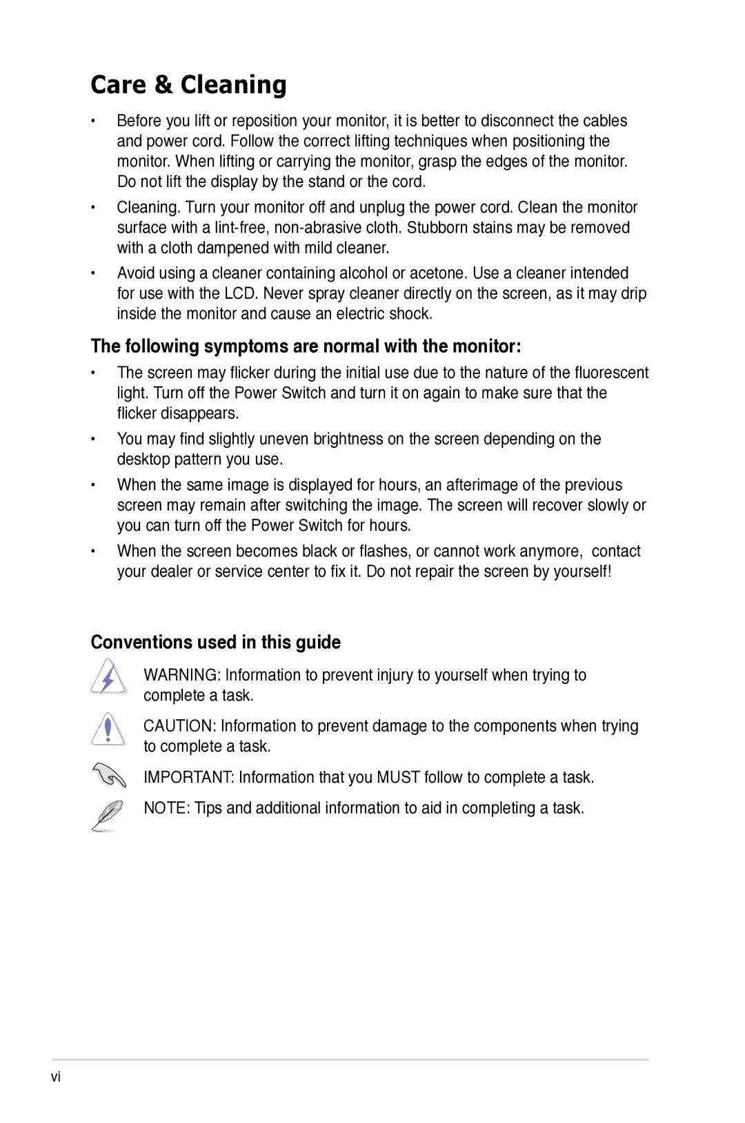 Asus VK191 manual Care & Cleaning, Following symptoms are normal with the monitor, Conventions used in this guide 