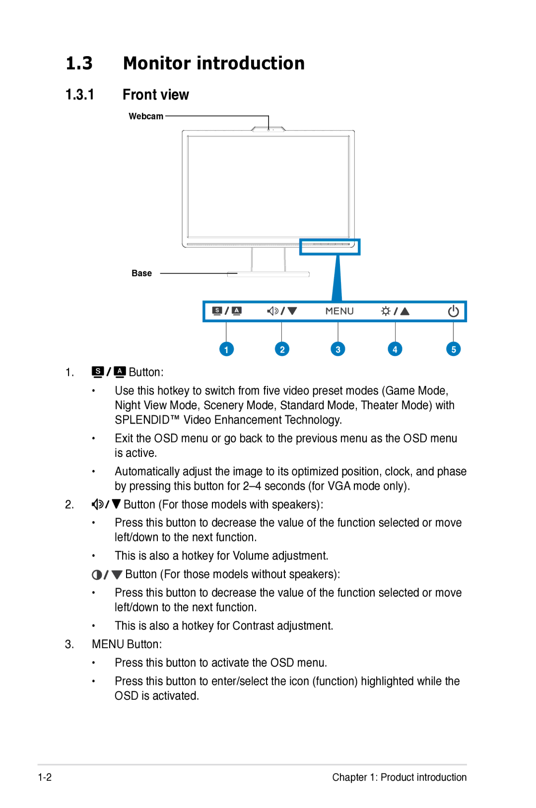 Asus VK193 manual Monitor introduction, Front view 