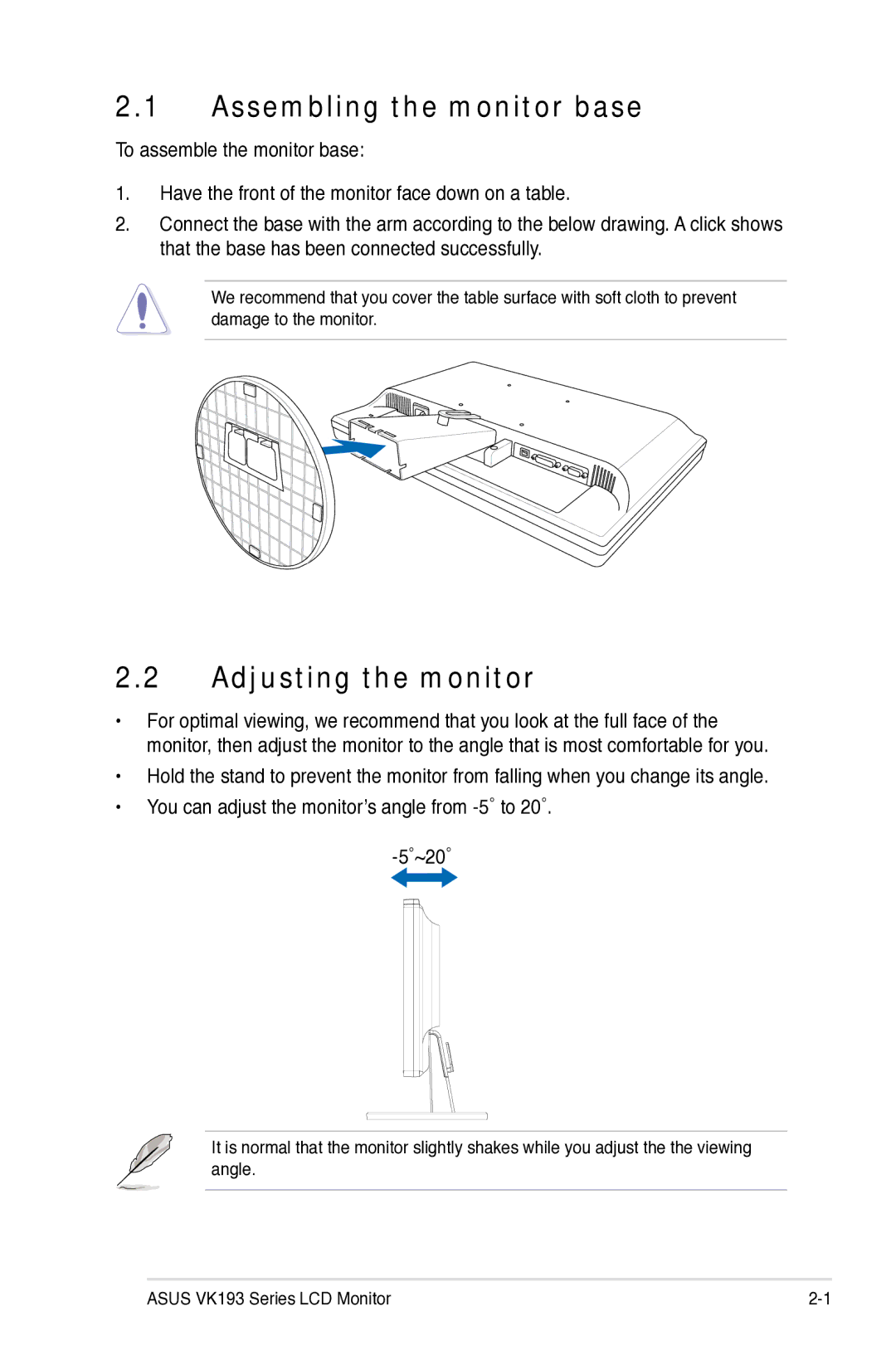 Asus VK193 manual Assembling the monitor base, Adjusting the monitor 