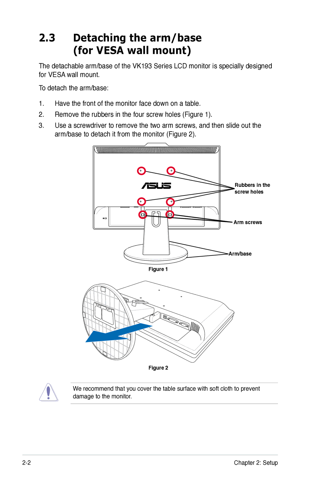 Asus VK193 manual Detaching the arm/base for Vesa wall mount 