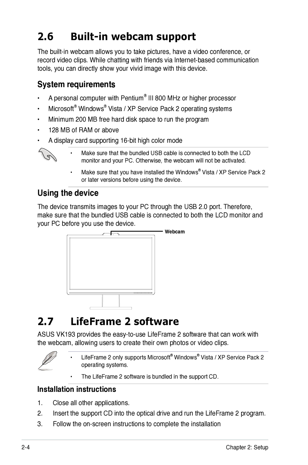 Asus VK193 Built-in webcam support, LifeFrame 2 software, System requirements, Using the device, Installation instructions 