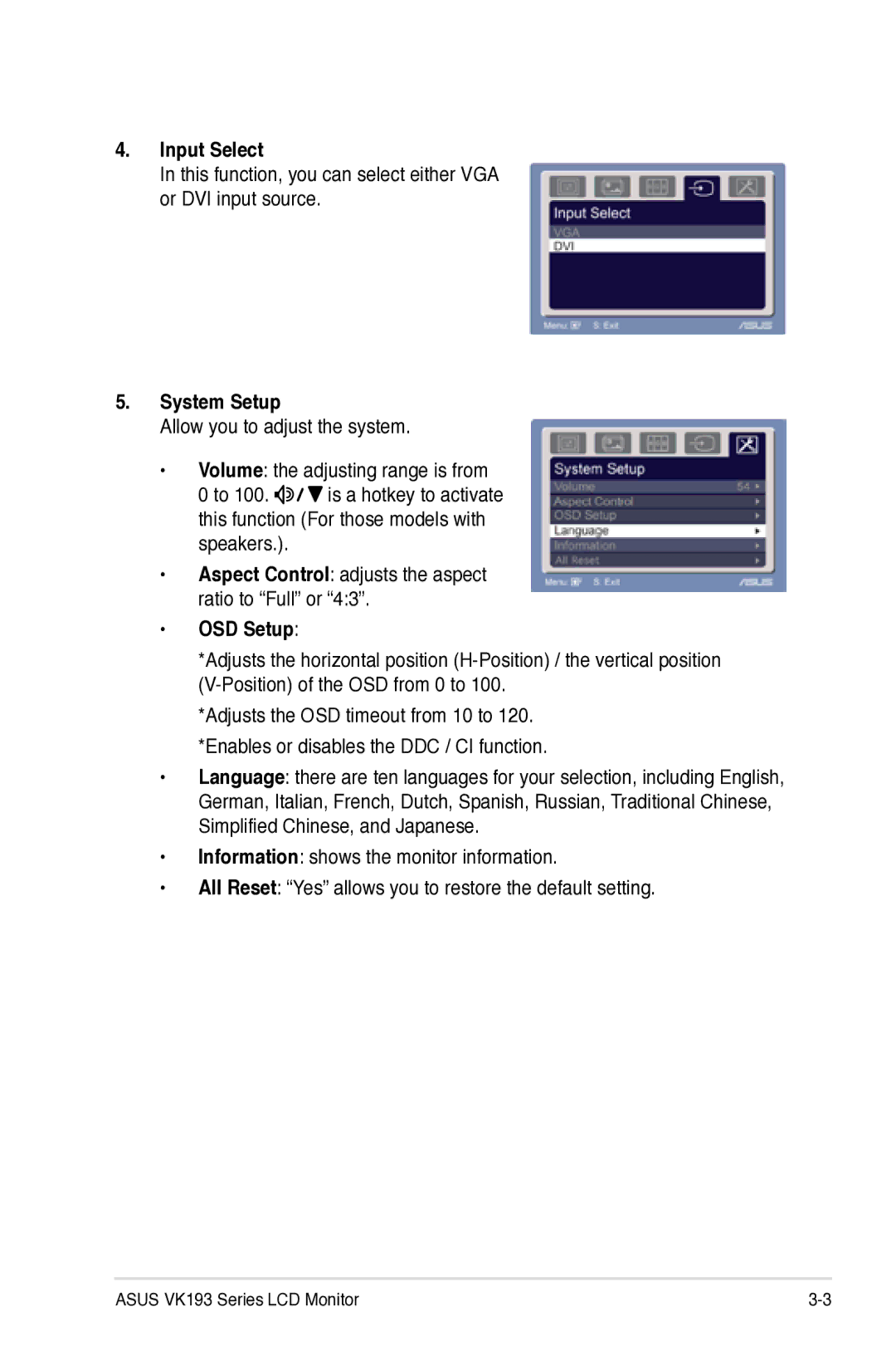 Asus VK193 manual Input Select, System Setup 